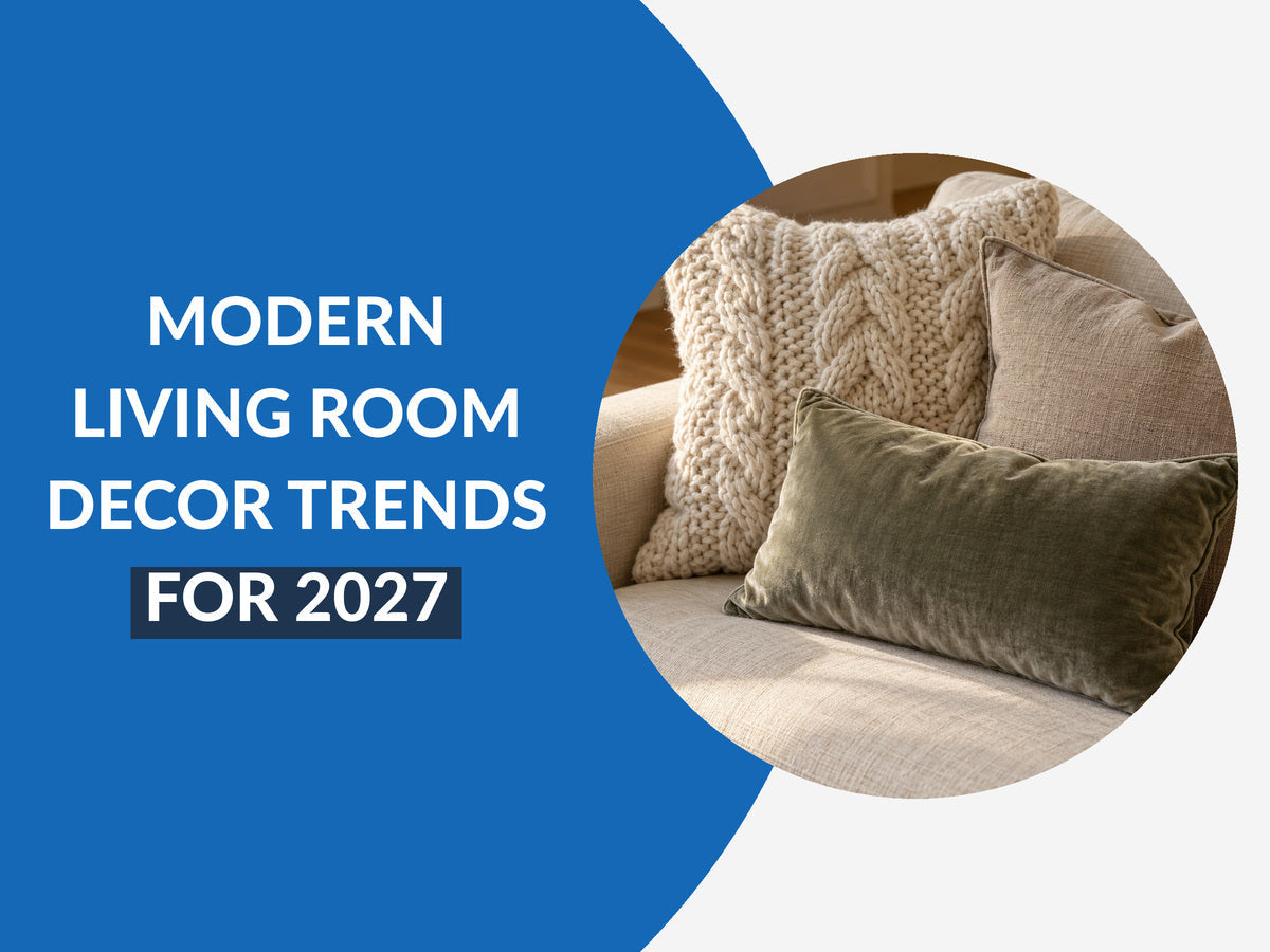 Modern living room decor ideas for 2027 illustrated with layered knit, linen and velvet cushions